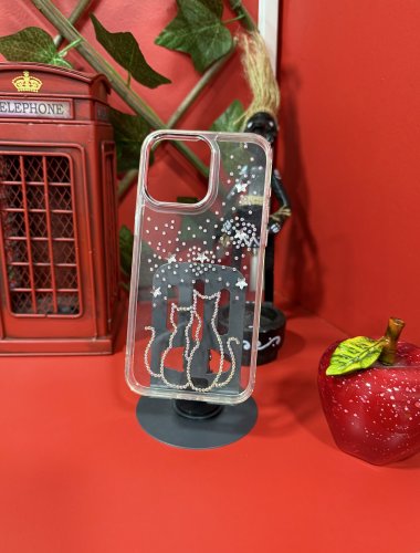 Iphone Taşlı Kedi Desenli Kılıf